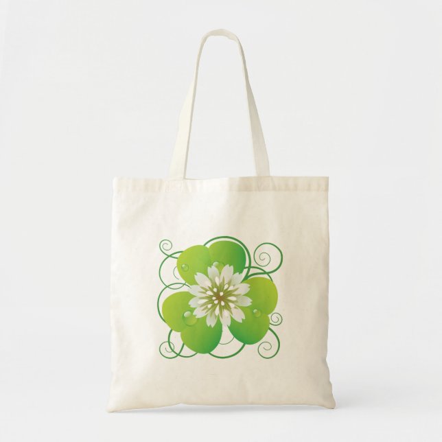 Green Four Leaf Clover with White Floral Bloom Tote Bag (Front)