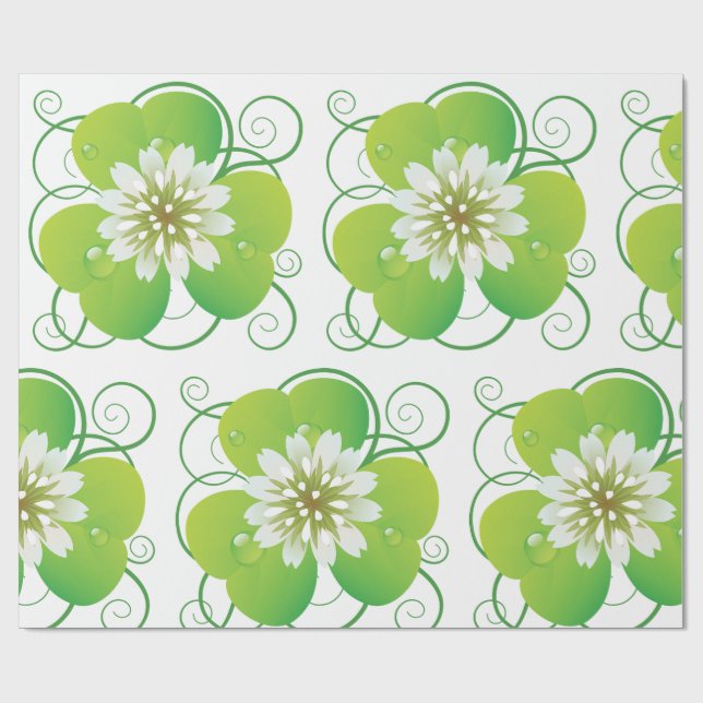 Green Four Leaf Clover with White Floral Bloom Wrapping Paper (Flat)