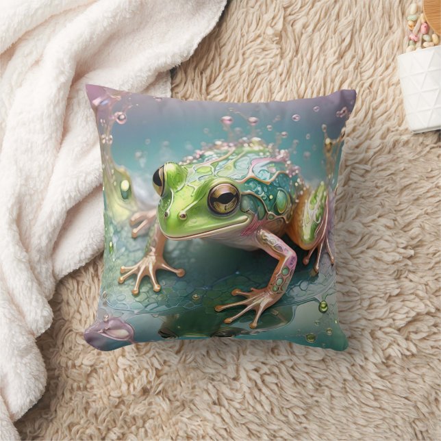 Green Fractal Art Frog, Throw Pillow (Blanket)