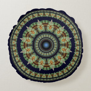 Green fractal fairy mandala round pillow