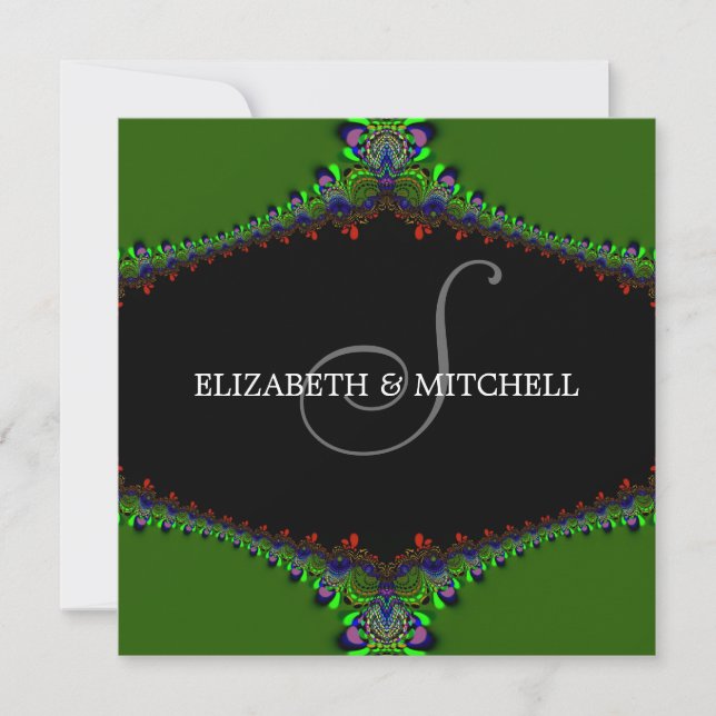 Green Fractal Lace Monogram Wedding Invitation (Front)
