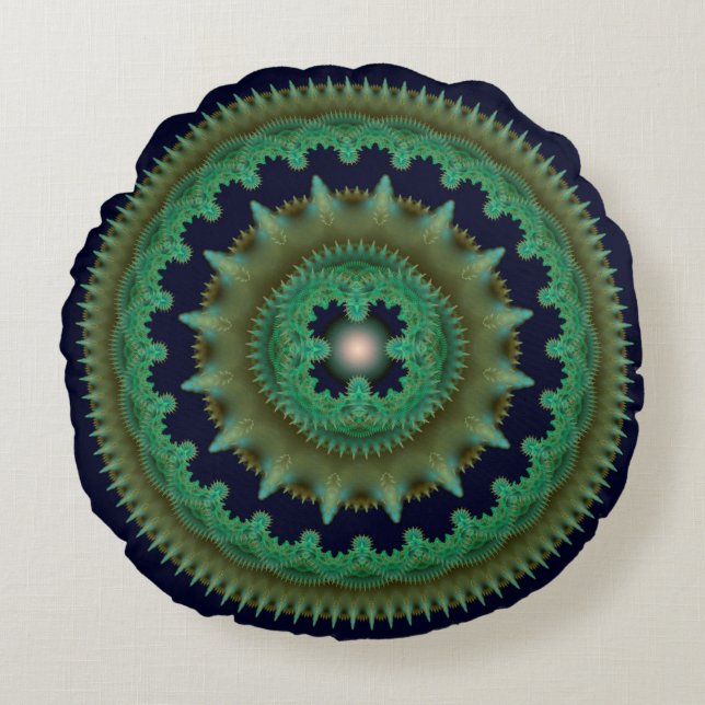 Green fractal ornate pattern round pillow (Front)