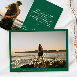Green Frame Gold Brush Script Photo Christmas Foil Holiday Card