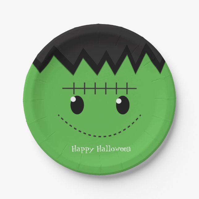 Green Frankenstein Halloween Birthday Party Plates (Front)