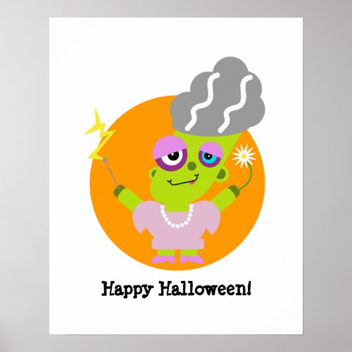 Green Frankenstein Monster Bride Halloween Cartoon Poster