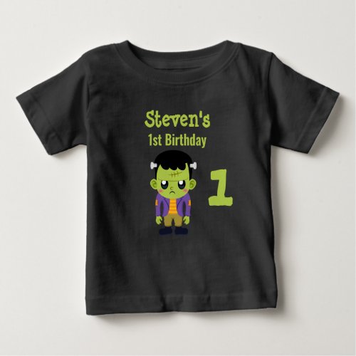 Green Frankenstein Monster Halloween 1st Birthday Baby T_Shirt