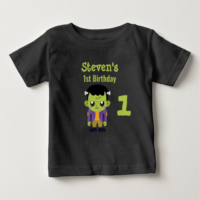 Green Frankenstein Monster Halloween 1st Birthday Baby T-Shirt (Front)