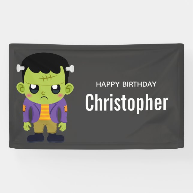Green Frankenstein Monster Halloween Birthday Banner (Horizontal)