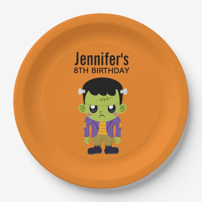Green Frankenstein Monster Halloween Birthday Paper Plates (Front)