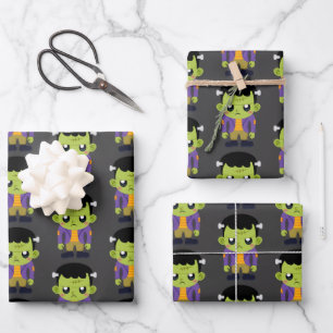 Green Frankenstein Monster Halloween Pattern Wrapping Paper Sheets