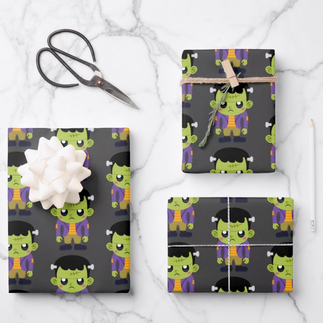 Green Frankenstein Monster Halloween Pattern Wrapping Paper Sheets (Front)