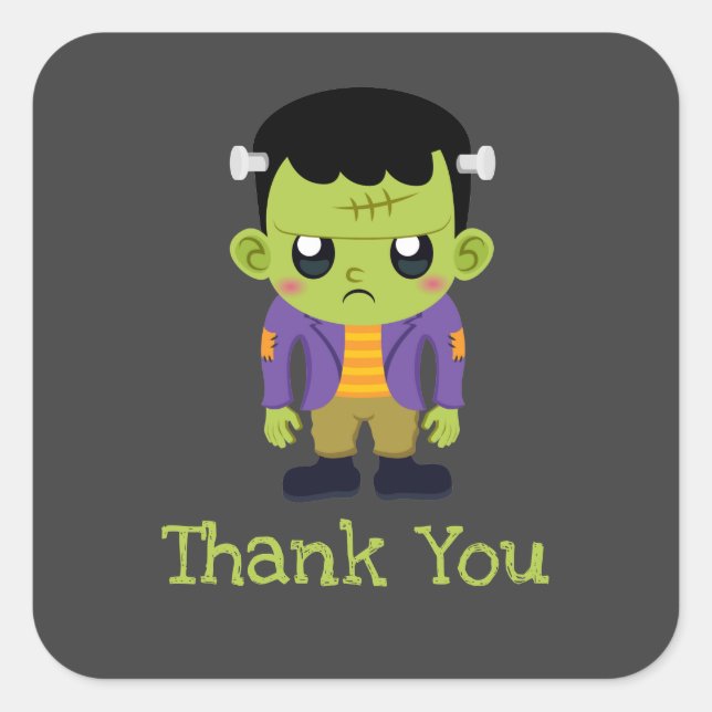 Green Frankenstein Monster Halloween Thank You Square Sticker (Front)