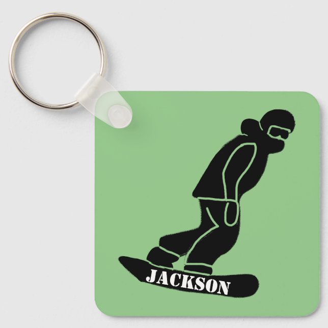 Green Freeride Snowboarder Snowboarding Stencil Keychain (Front)