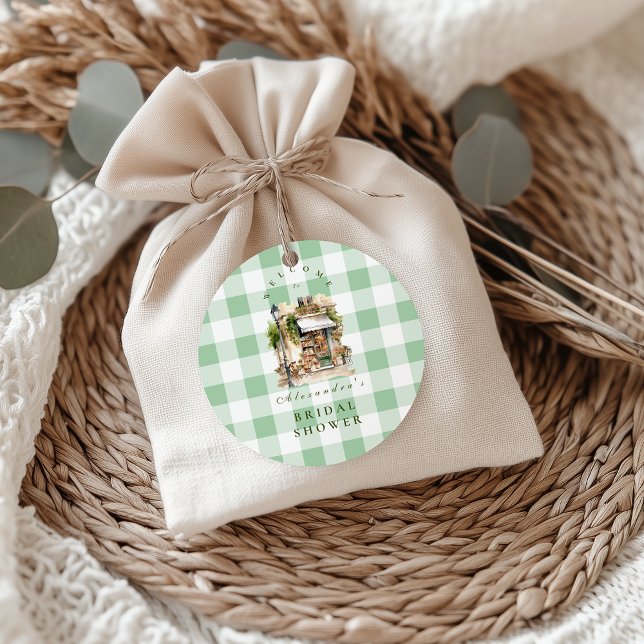 Green French Cafe Bridal Shower Classic Round Sticker (Creator Uploaded)