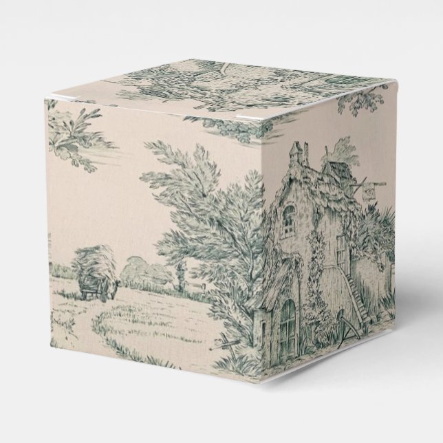Green French Country Toile Canvas Party Favor Box  (Front Side)