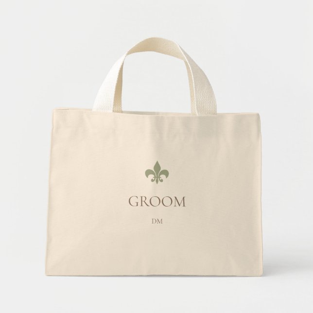 Green French Fleur de Lis Groom Initial Monogram Mini Tote Bag (Front)