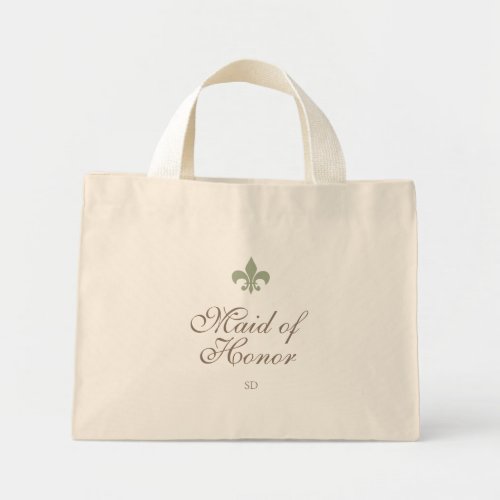 Green French Fleur de Lis Maid of Honor Initial  Mini Tote Bag