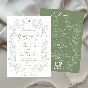 Green French Floral Frame Script Budget Wedding Invitation