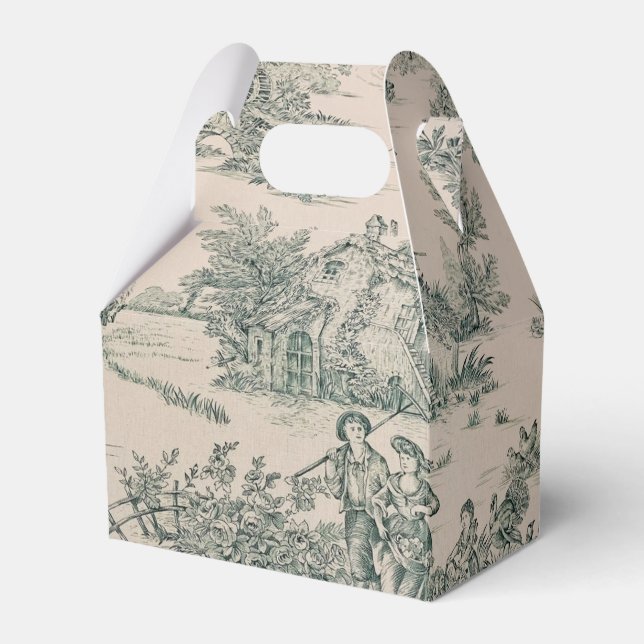 Green French Toile Country Canvas Party Favor Box  (Front Side)