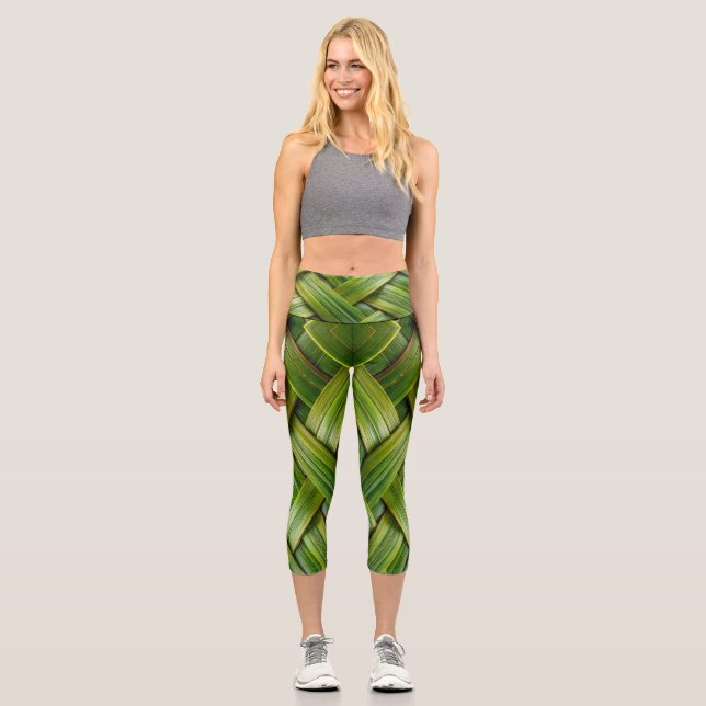 Green Fresh Bamboo Weave  Capri Leggings (Front)