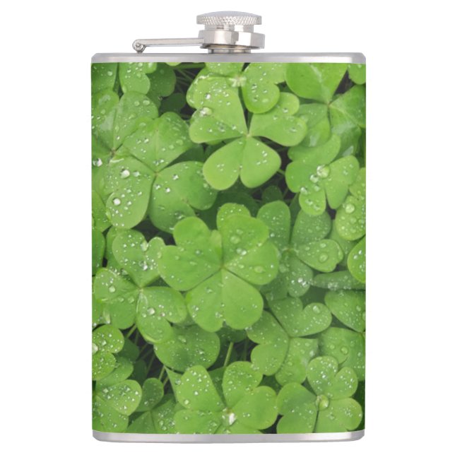 Green fresh shamrock, lucky St. Patricks clover  Flask (Front)