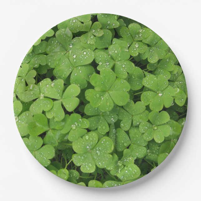 Green fresh shamrock, lucky St. Patricks clover Paper Plates (Front)