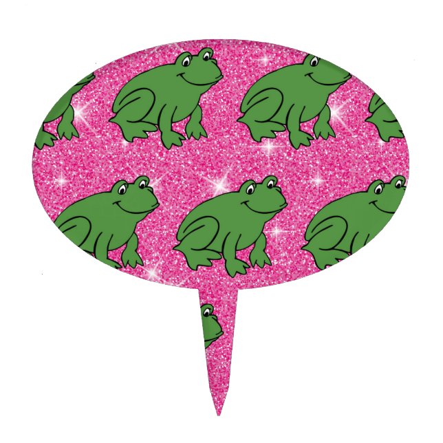 Green Frog Amphibian Animals Pink Glitter Fantasy Cake Topper (Front)