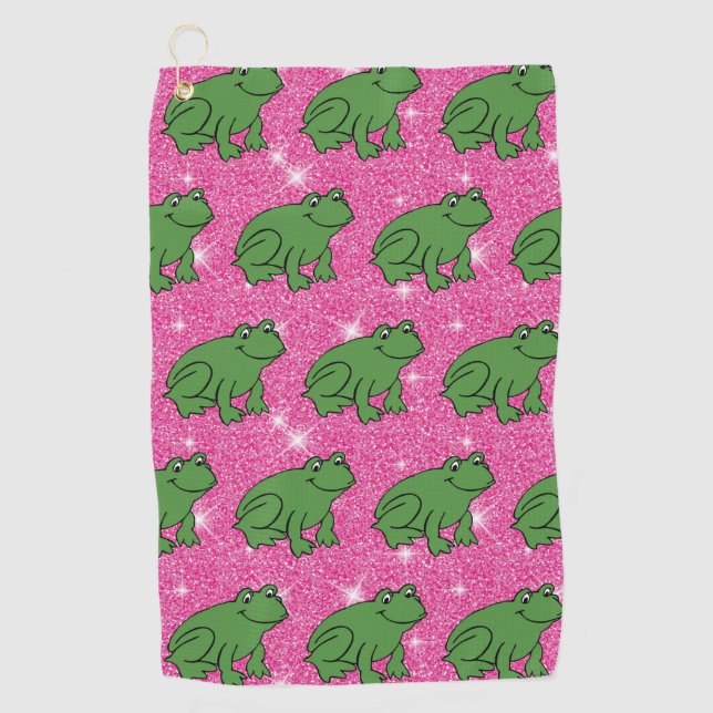 Green Frog Amphibian Animals Pink Glitter Fantasy Golf Towel (Front)
