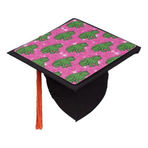Green Frog Amphibian Animals Pink Glitter Fantasy Graduation Cap Topper
