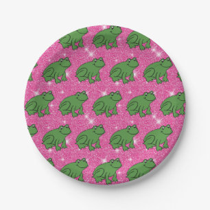 Green Frog Amphibian Animals Pink Glitter Fantasy Paper Plates