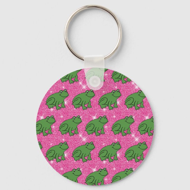 Green Frog Amphibian Animals Pink Glitter Keychain (Front)