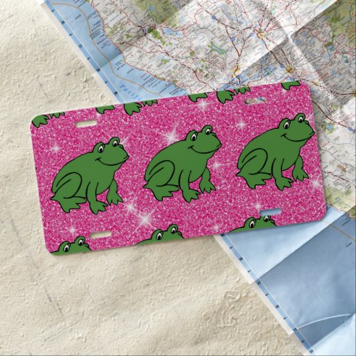 Green Frog Amphibian Animals Pink Glitter License Plate