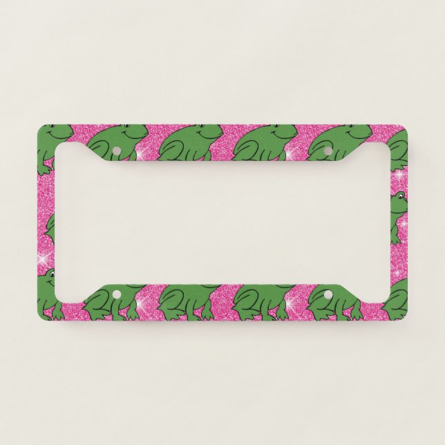 Green Frog Amphibian Animals Pink Glitter License Plate Frame (Front)