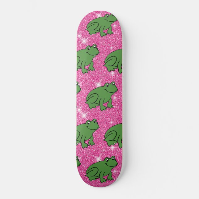 Green Frog Amphibian Animals Pink Glitter Skateboard (Front)