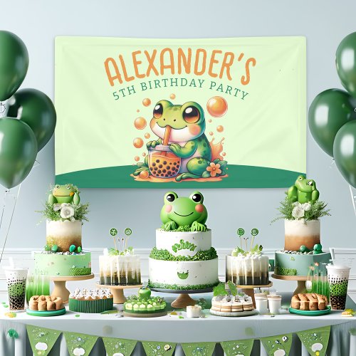 Green Frog and Orange Boba Bubble Tea Party Banner