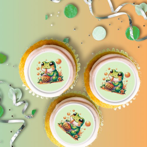 Green Frog and Orange Boba Bubble Tea Party Edible Frosting Rounds
