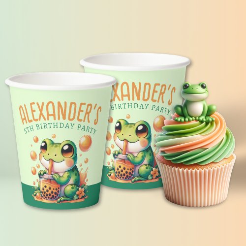 Green Frog and Orange Boba Bubble Tea Party Paper Cups