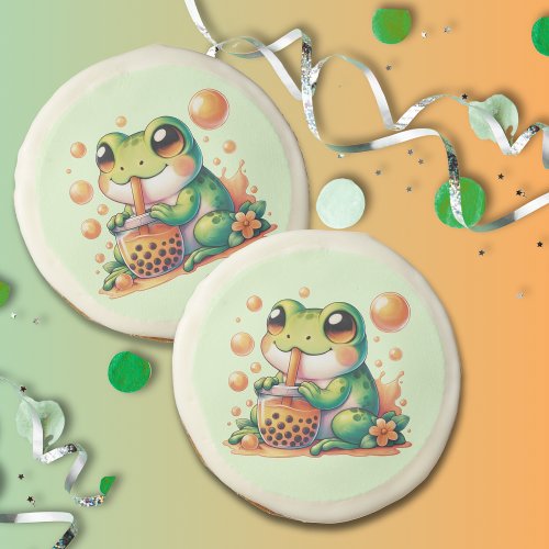 Green Frog and Orange Boba Bubble Tea Party Sugar Cookie