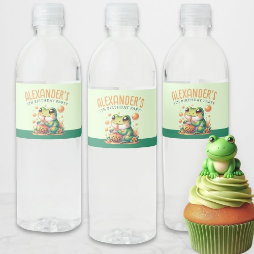 Green Frog and Orange Boba Bubble Tea Party Water Bottle Label