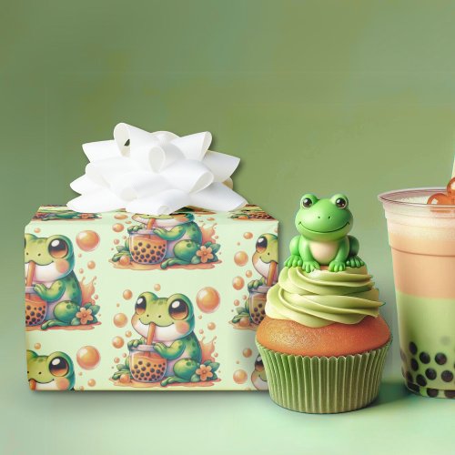 Green Frog and Orange Boba Bubble Tea Wrapping Paper