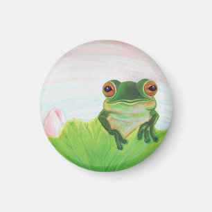 Green Frog behind the lily pad magnet