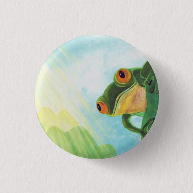 Green Frog catching sunrays   Button (Front)