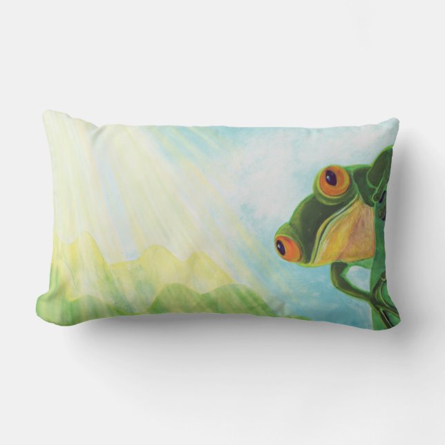 Green Frog catching sunrays  Lumbar Pillow (Front)