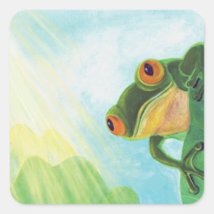 Green Frog catching sunrays Square Sticker