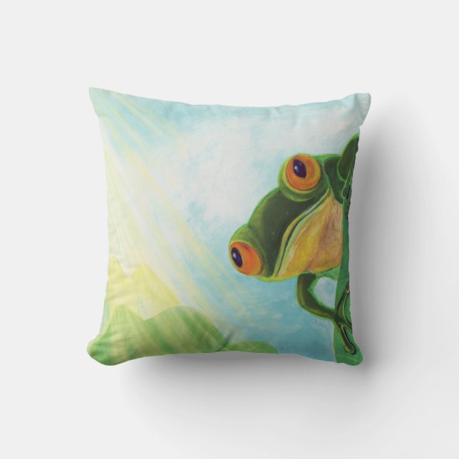 Green Frog catching sunrays   Throw Pillow (Front)