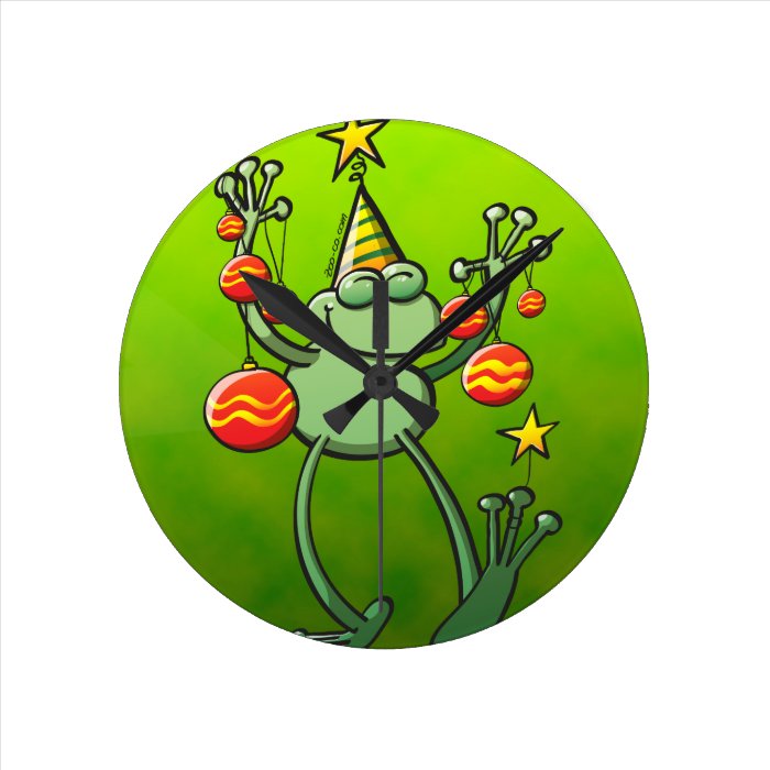 Green Frog Celebrating with Christmas Baubles Wallclocks