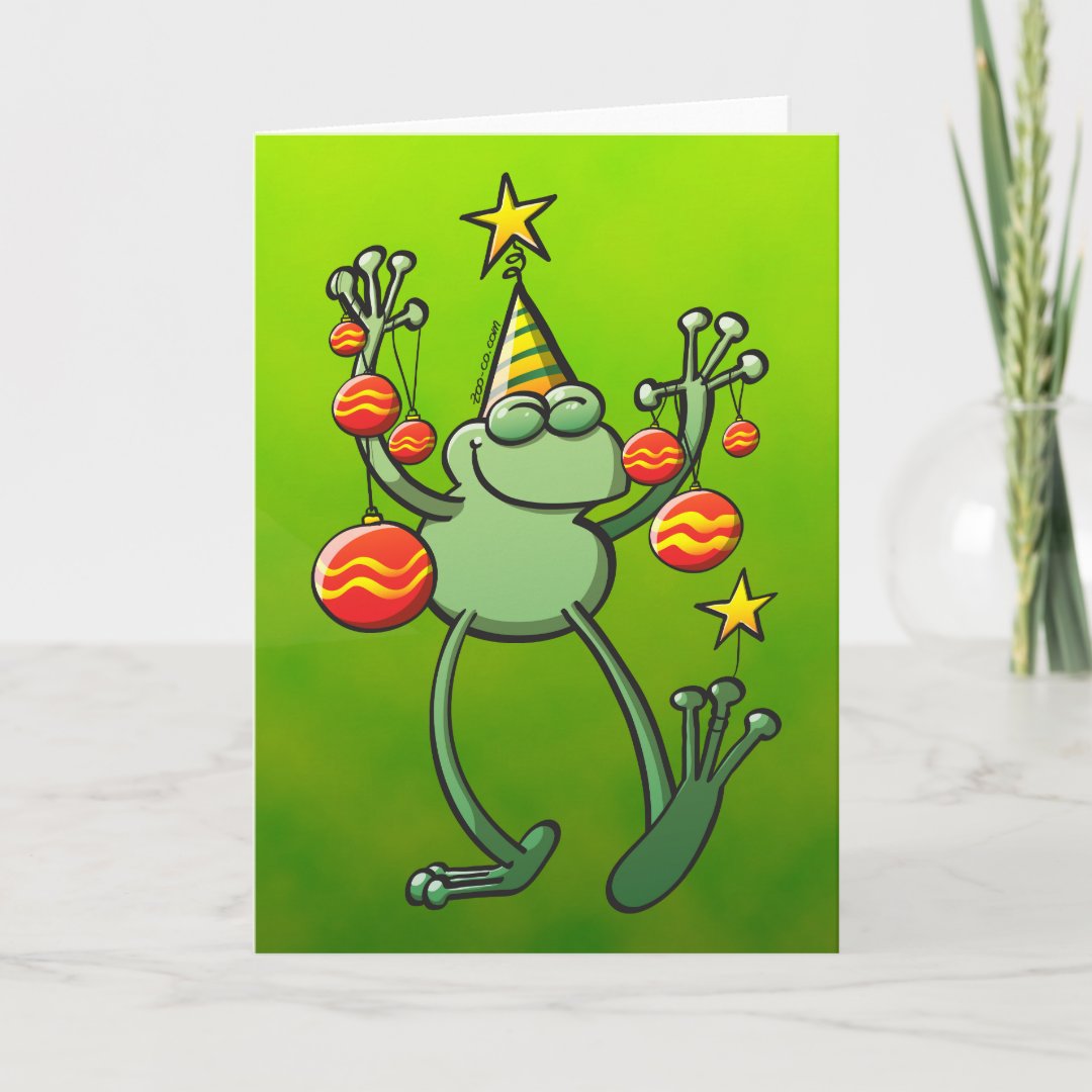 Green Frog Celebrating with Christmas Baubles Holiday Card | Zazzle