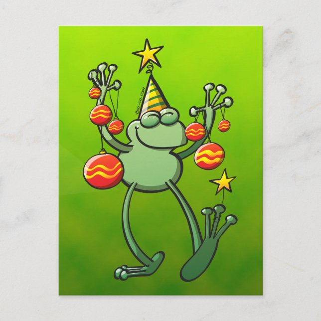 Green Frog Celebrating with Christmas Baubles Holiday Postcard (Front)