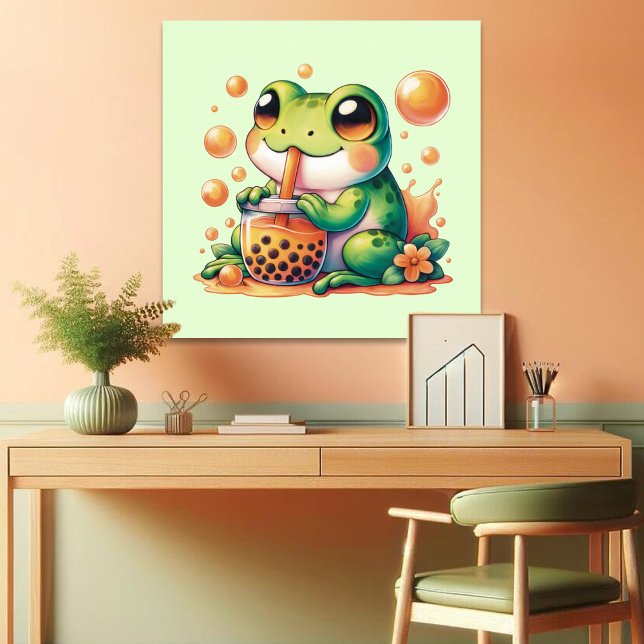 Green Frog Drinking Orange Boba Bubble Tea Poster (Creator Uploaded)