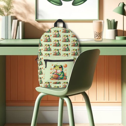 Green Frog Drinking Orange Boba Bubble Tea Printed Backpack
